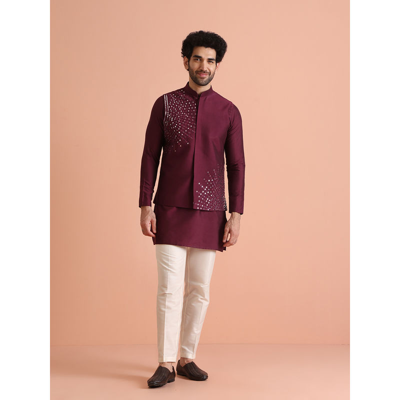 KISAH Maroon Cotton Blend Embroidered Kurta with Jacket & Trouser (Set of 3) (40)