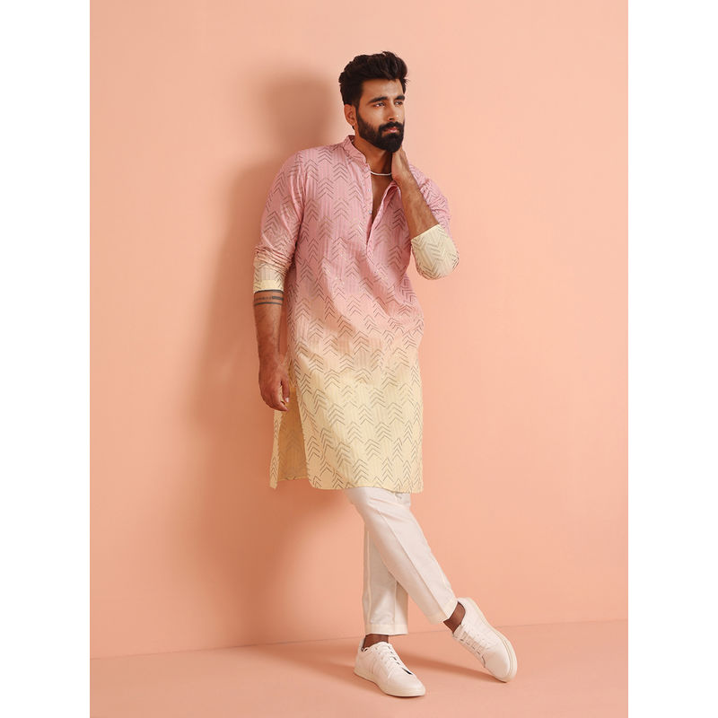 KISAH Pink & Yellow Cotton Blend Ombre Embroidered Kurta with Trouser (Set of 2) (44)
