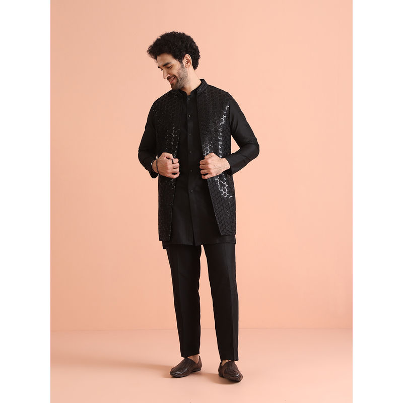 KISAH Black Embroidered Kurta Jacket with Trouser (Set of 3) (42)