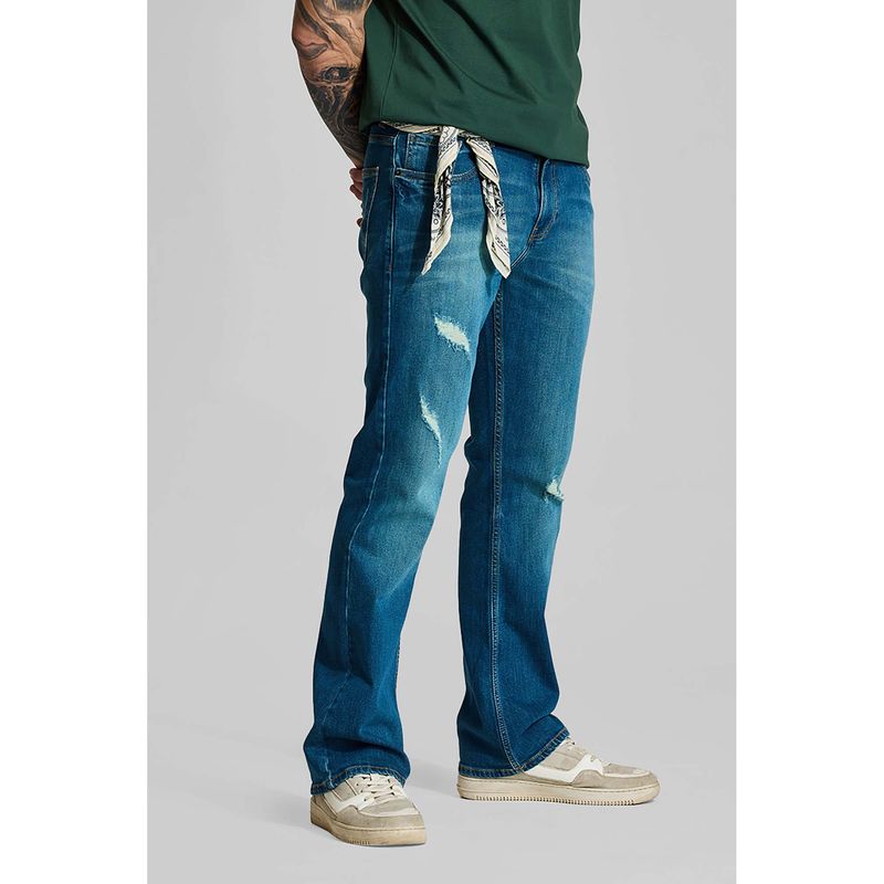 Snitch Blue Distressed Bootcut Casual Jeans for Men (34)