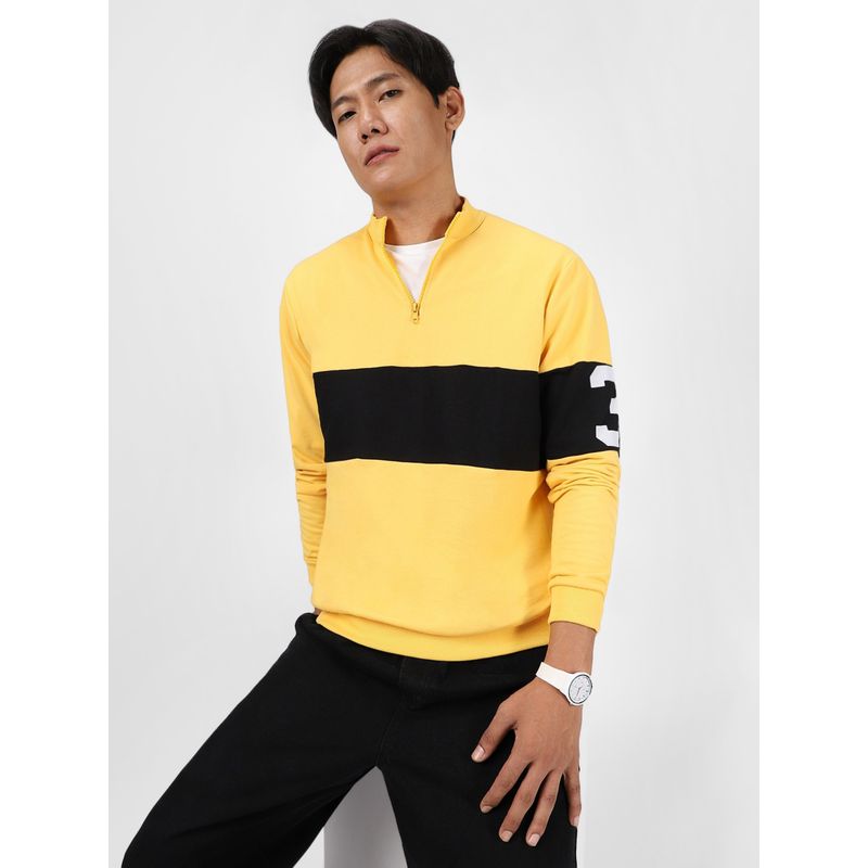 Urbano Fashion Mens Yellow Cotton Color Block Round Neck Sweatshirt (M)