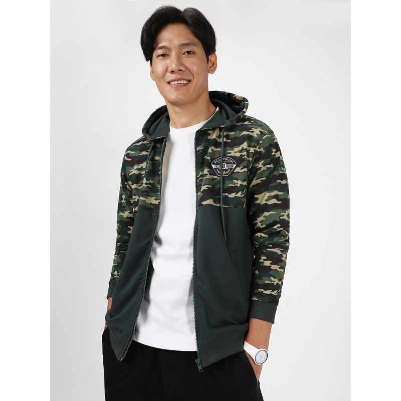 Urbano Fashion Mens Green Cotton Camouflage Printed Hooded Neck Sweatshirt (S)