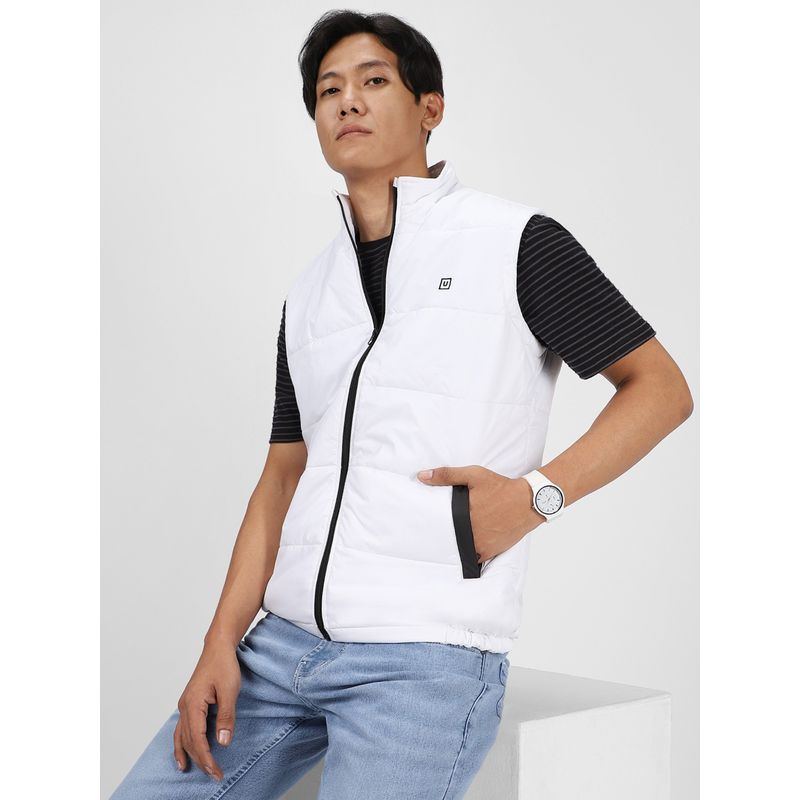 Urbano Fashion Men's White Puffer Sleeveless Zippered Bomber Jacket (S)