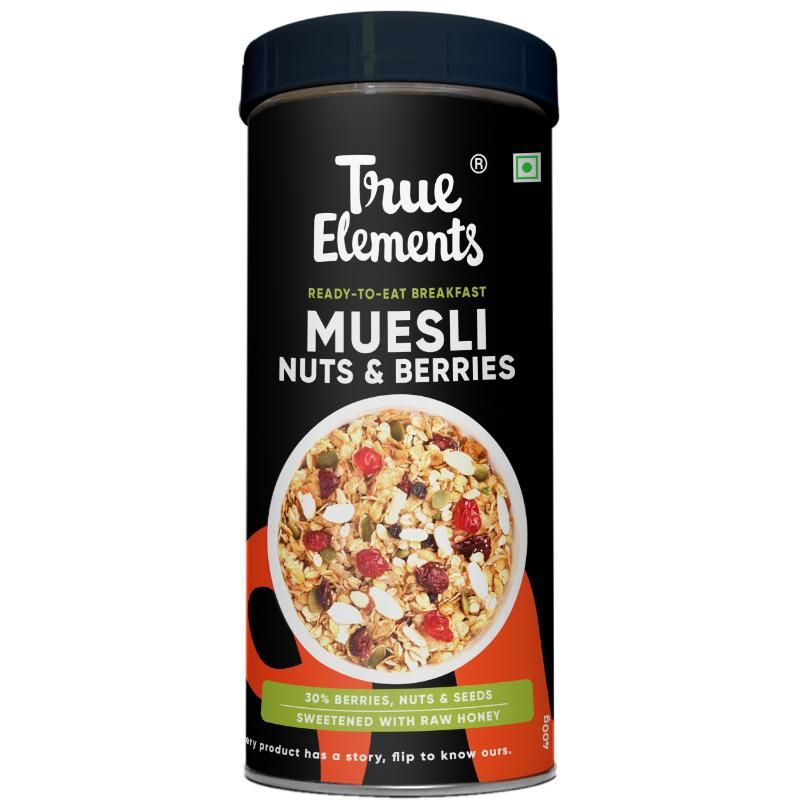 True Elements Crunchy Nuts & Berries Muesli With Almonds And Cranberries -Anti Ageing,Aids Acne