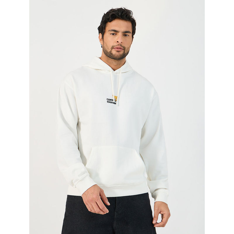 Styli Men White Placement Teddy Back Printed Relaxed Fit Hoodie (XL)