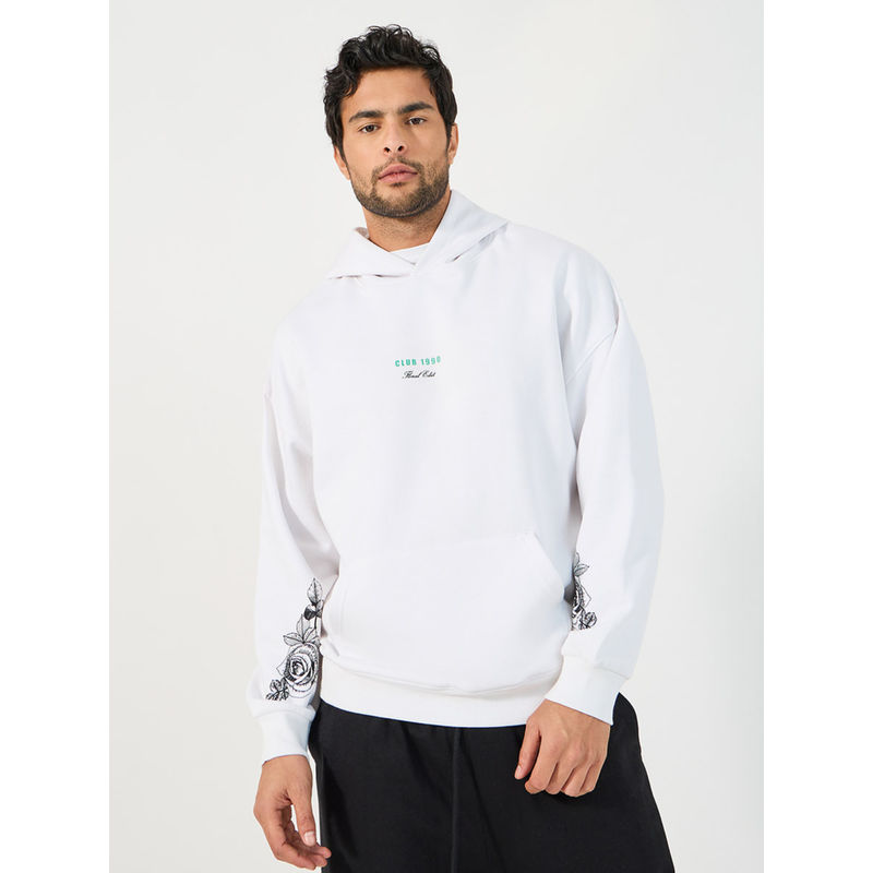 Styli Men White Placement Sleeve Floral Printed Oversized Fit Hoodie (L)