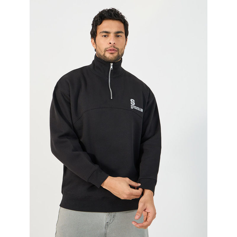 Styli Men Black Quarter Zip High Neck Boxy Fit Heavy Sweatshirt (M)
