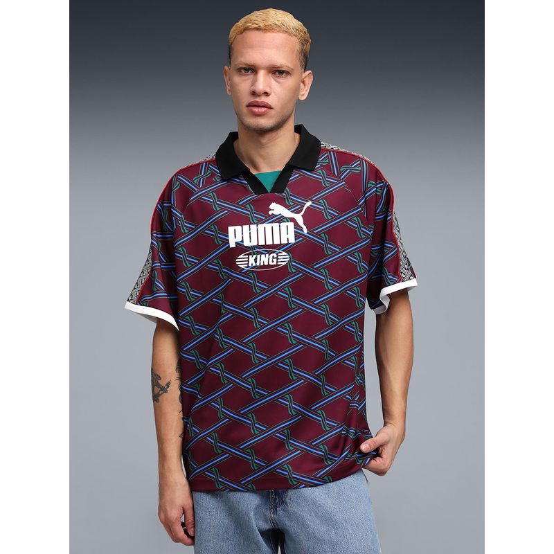 Puma King Men's Relaxed V-Neck Football Polo T-Shirt - Red (L)