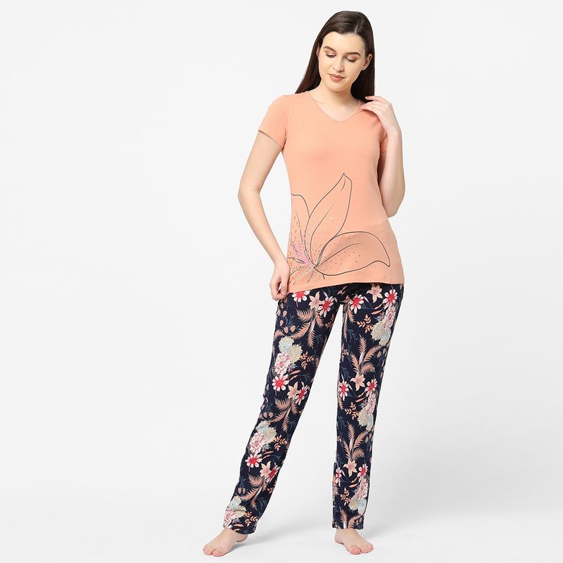 Sweet Dreams Womens Cotton Round Neck Half Sleeves T-shirt & Pyjama Peach (Set of 2) (L)