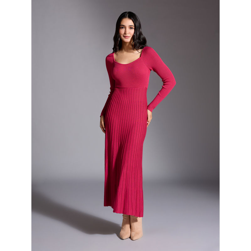 Twenty Dresses by Nykaa Fashion Magenta Textured Scoop Neck Fit and Flare Midi Dress (S)
