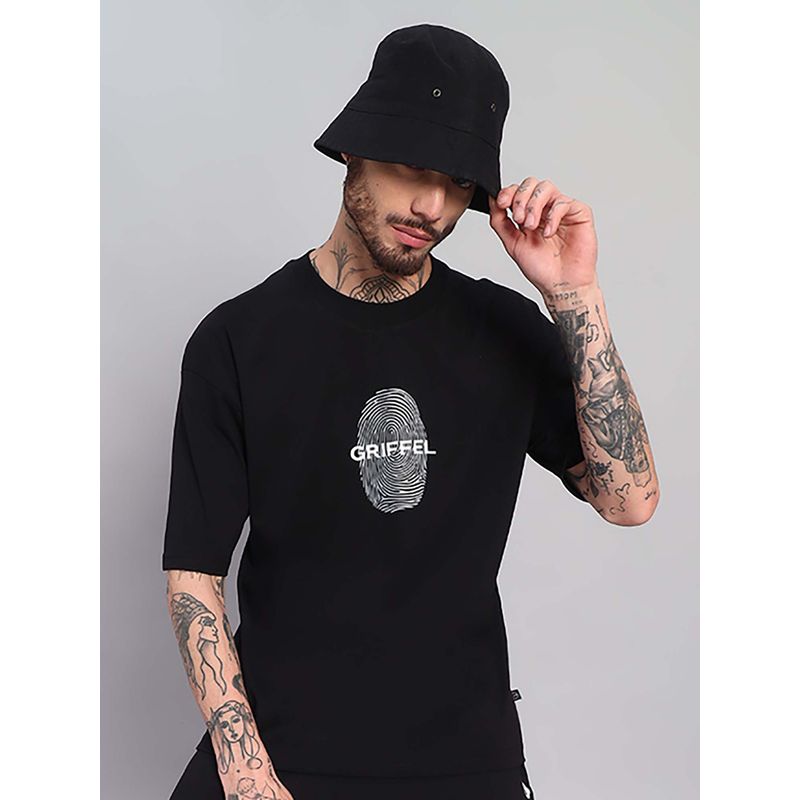 Griffel Men Graphic Fingerprint Logo Oversized Black T-Shirt (XS)