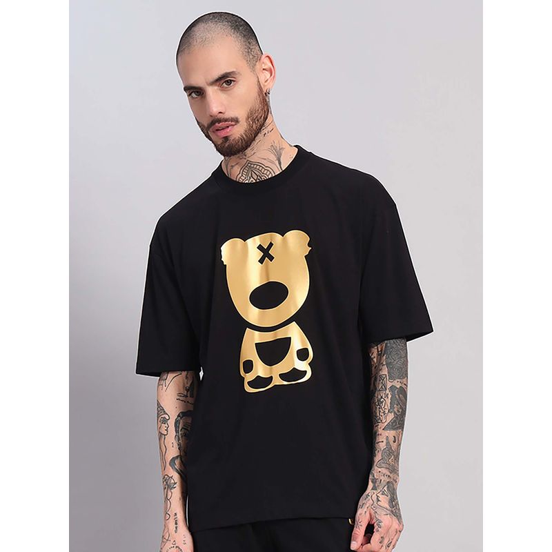 Griffel Black Oversized Gold Bear Graphic T-Shirt (XS)