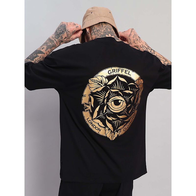 Griffel Black Oversized Gold Eye-Rose Graphic T-Shirt (XS)