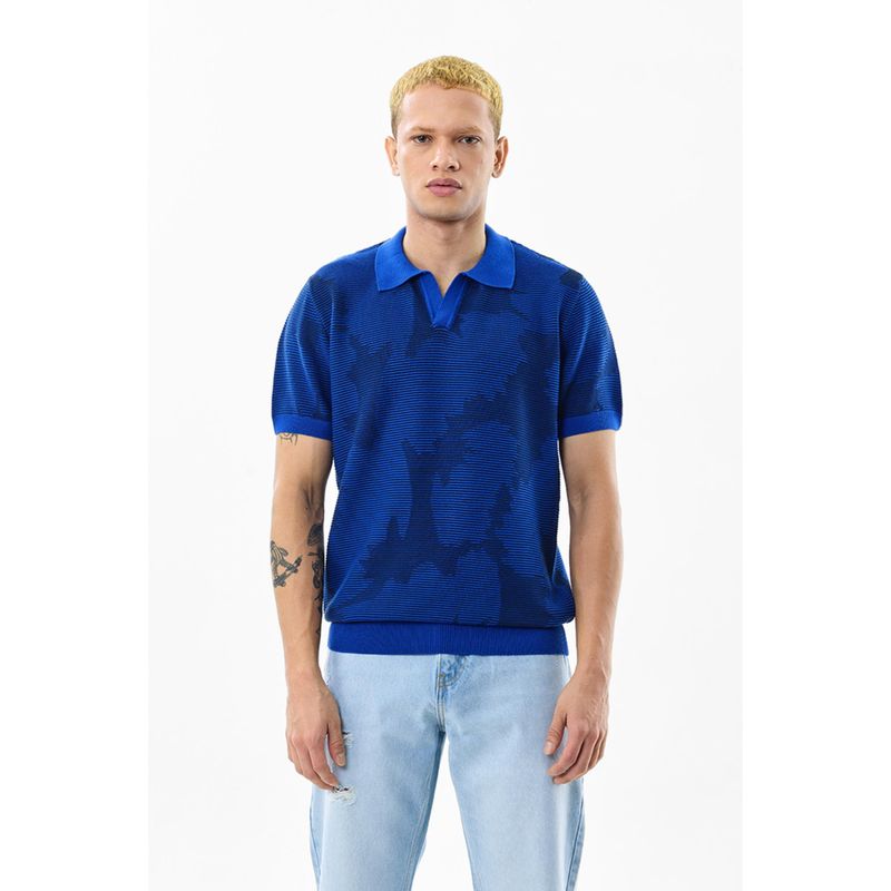 Snitch Blue Self-Design Half Sleeves Regular Casual Polo T-Shirt for Men (M)