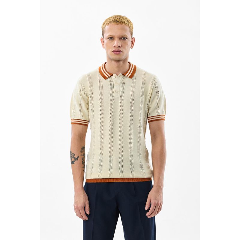 Snitch Cream Self Desing Half Sleeves Regular Casual Polo T-Shirt for Men (S)