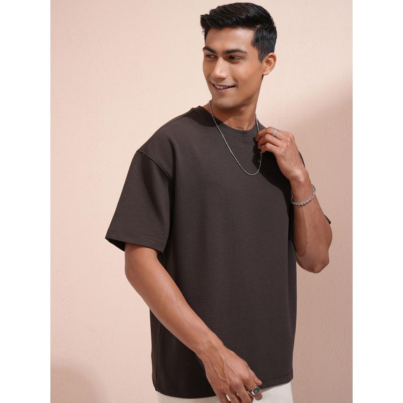 LOCOMOTIVE Men Dark Chocolate Crew Neck Knitted Textured T-Shirt-Brown (L)