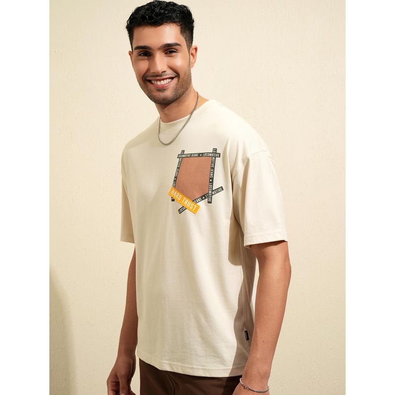 LOCOMOTIVE Men Cream Drop Shoulder Crew Neck Half Sleeve T-Shirt (L)