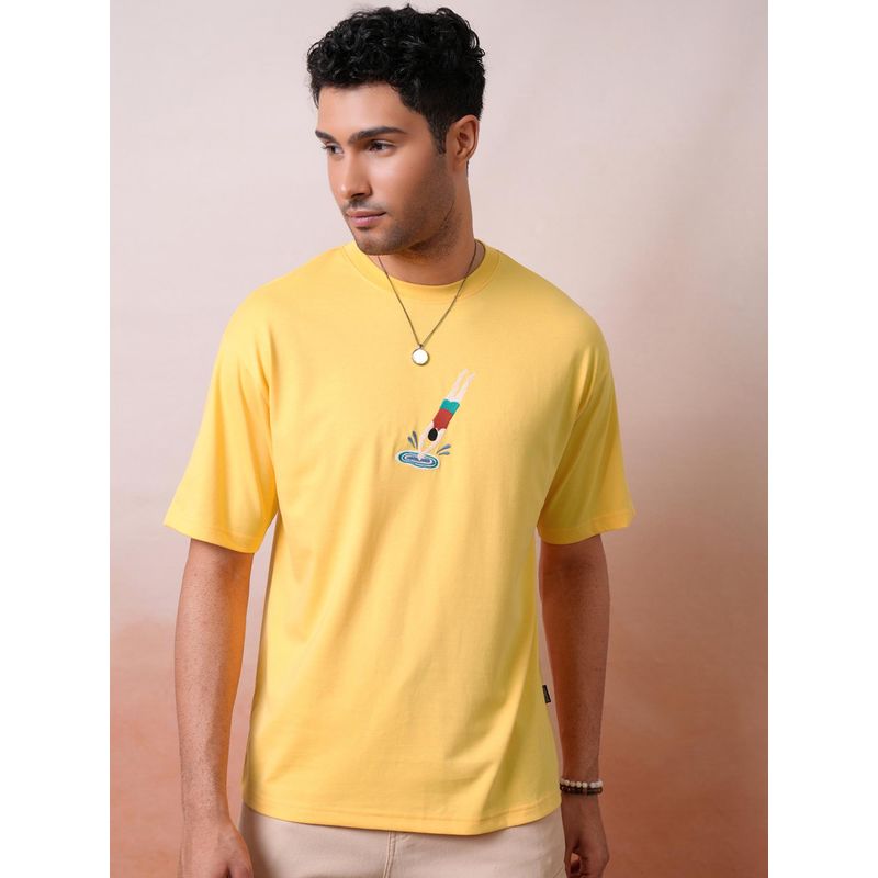 LOCOMOTIVE Men Yellow Crew Neck Half Sleeve Relaxed Drop Shoulder T- Shirt (L)