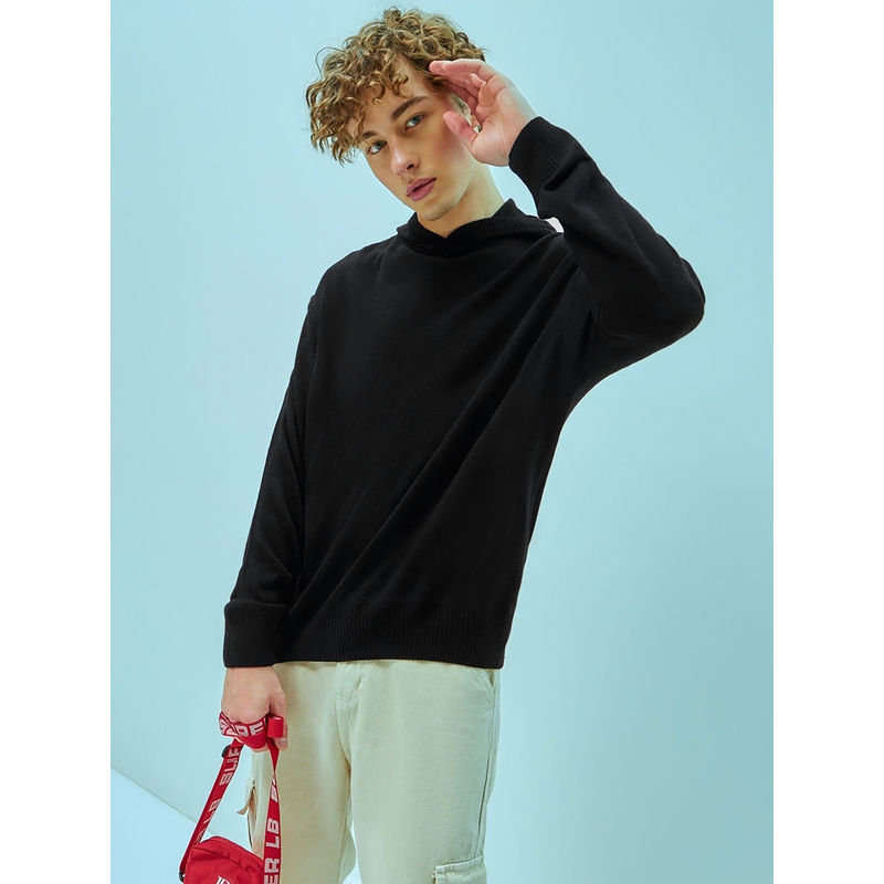 Bewakoof Men's Black Oversized Flat Knit Hooded Sweater (XL)