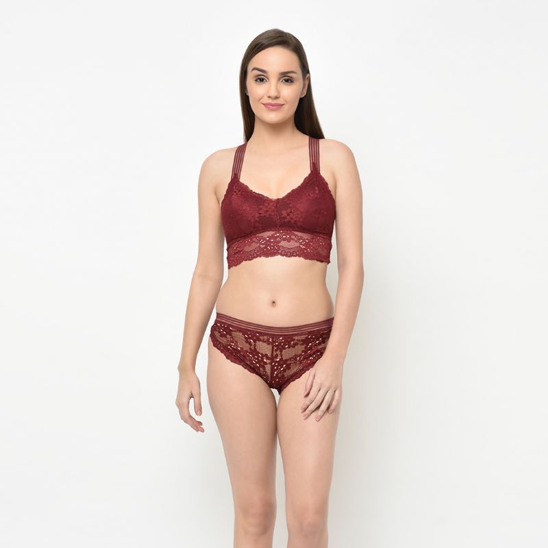 Da Intimo Smooth Lace Cage Bralette Set - Maroon (30B)