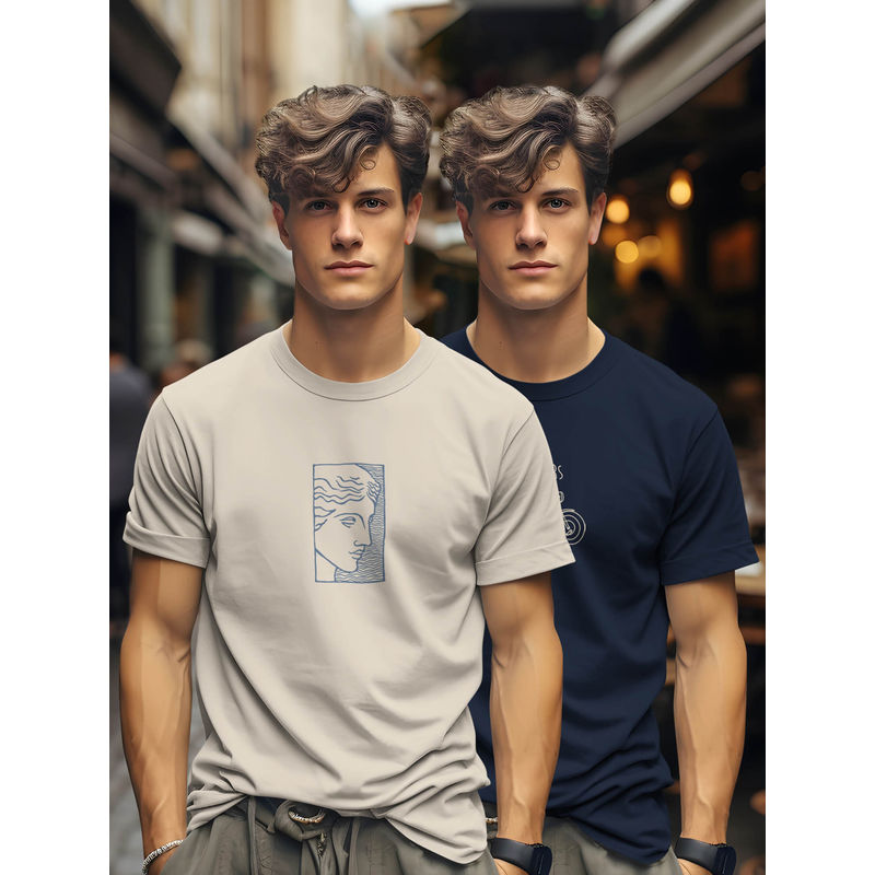 BULLMER Beige & Navy Blue Printed Crew Neck Half Sleeve T-Shirts (Pack of 2) (M)
