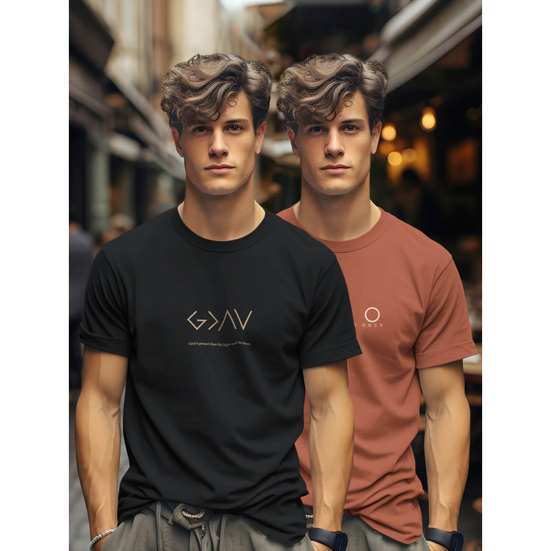 BULLMER Black & Brick Printed Cotton Blend Crew Neck Half Sleeve T-Shirts (Pack of 2) (M)