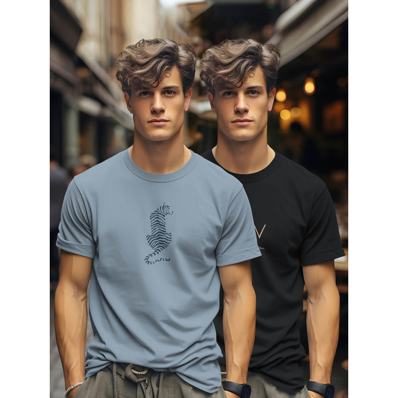 BULLMER Blue & Black Printed Cotton Blend Crew Neck Half Sleeve T-Shirts (Pack of 2) (S)