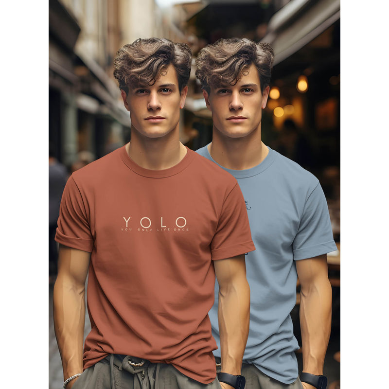 BULLMER Brick and Blue Printed Cotton Blend Crew Neck Half Sleeve T-Shirts (Pack of 2) (S)