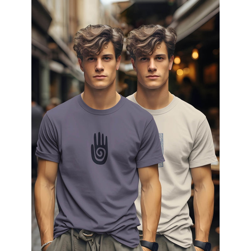 BULLMER Purple and Beige Printed Cotton Blend Crew Neck Half Sleeve T-Shirts (Pack of 2) (M)