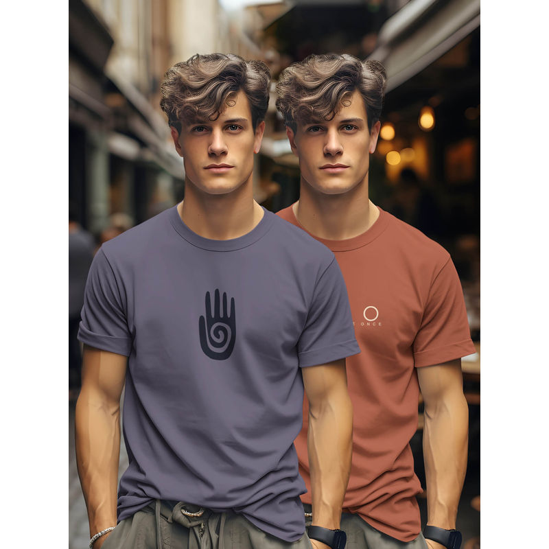 BULLMER Purple and Brick Printed Cotton Blend Crew Neck Half Sleeve T-Shirts (Pack of 2) (XL)