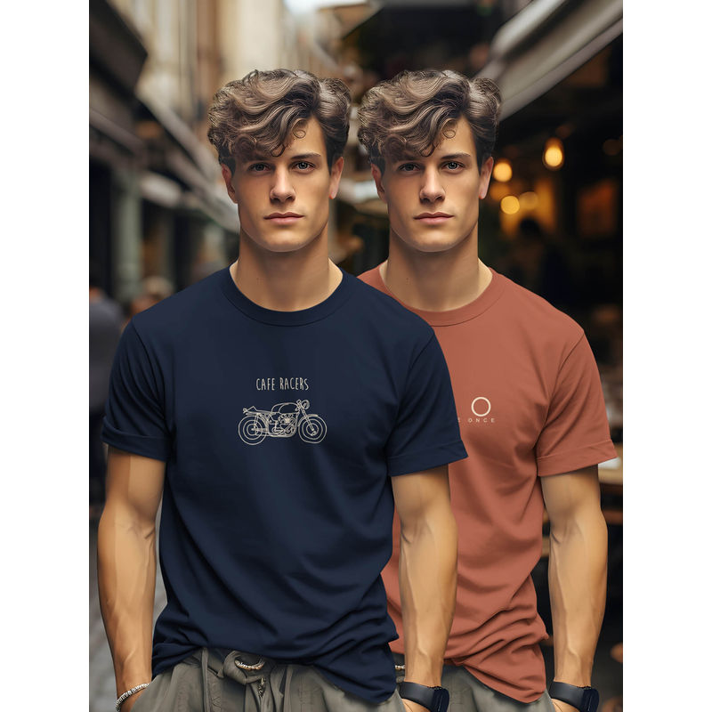 BULLMER Navy Blue & Brick Printed Cotton Blend Crew Neck Half Sleeve T-Shirts (Pack of 2) (L)