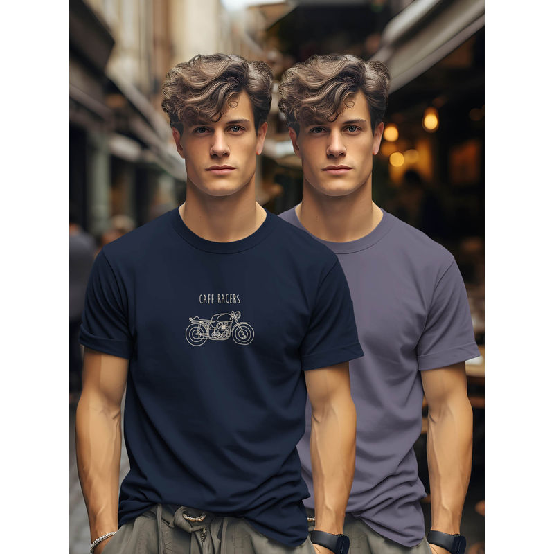BULLMER Navy Blue & Purple Printed Cotton Blend Crew Neck Half Sleeve T-Shirts (Pack of 2) (S)