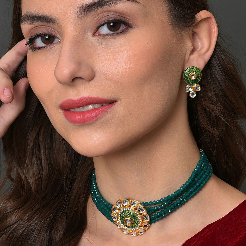 SOHI Gold Plated Green Stone Studded Jewellery (Set of 2) Buy SOHI Gold Plated Green Stone