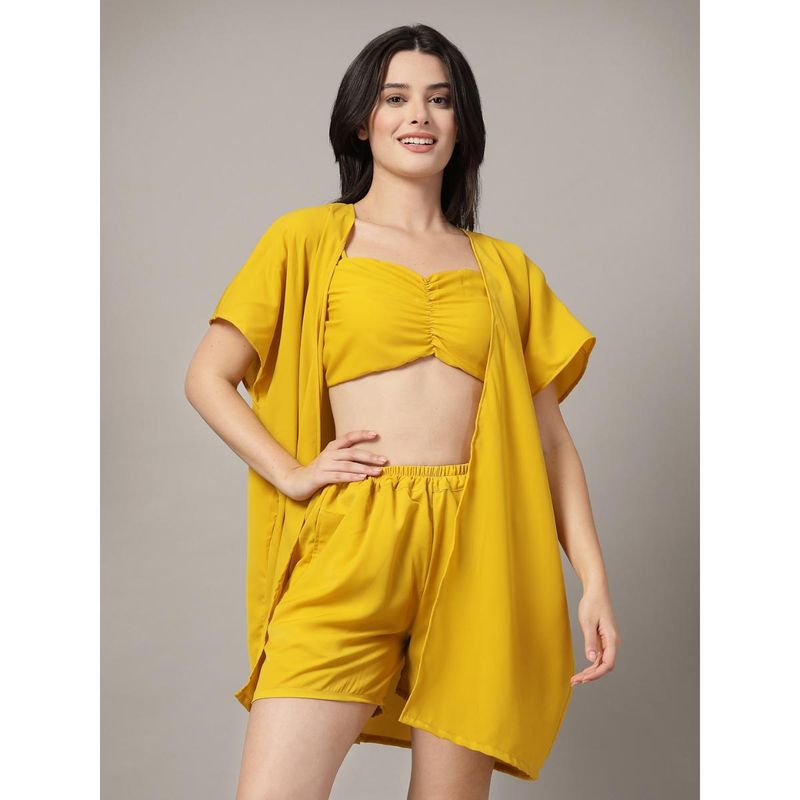 Cukoo Yellow Solid beachwear Top and Short with Sarong (Set of 3) (L)