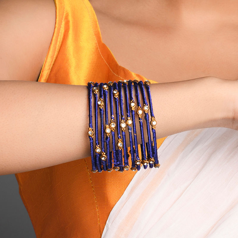Buy Fida Wedding Ethnic Gold Navy Blue Silk Thread Work Bangles Pack of 12 2.8 Online