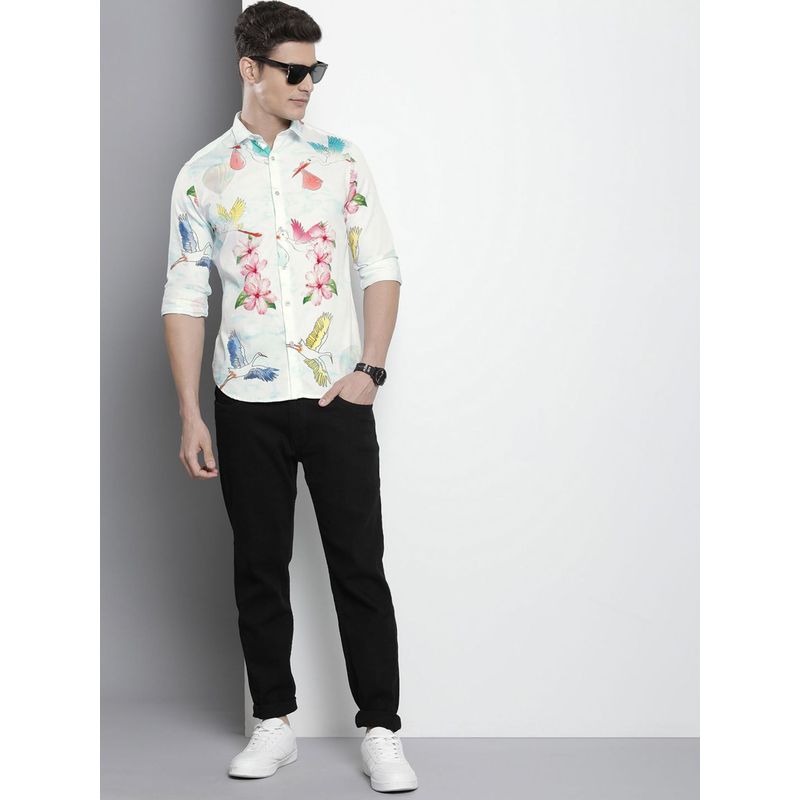 The Indian Garage Co Men Slim Fit Floral Printed Full Sleeves Cutaway Collar Party Wear Shirt - White (M)
