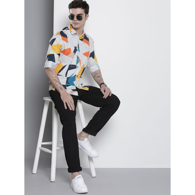 The Indian Garage Co Men Slim Fit Geometric Full Sleeves Cutaway Collar Party Wear Shirt - White (L)