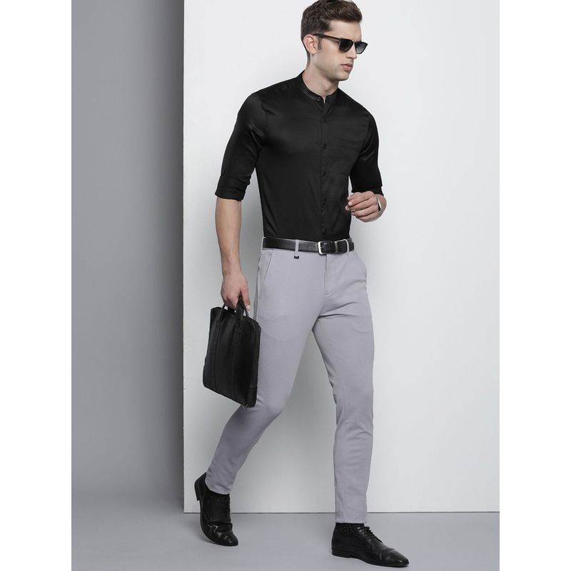 The Indian Garage Co Men Slim Fit Solid Full Sleeves Mandarin Collar Formal Shirt - Black (2XL)