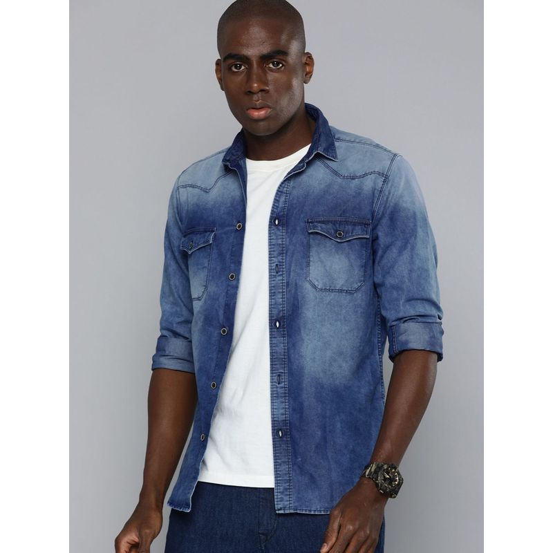The Indian Garage Co Men Slim Fit Solid Full Sleeves Cutaway Collar Casual Denim Shirt - Blue (S)