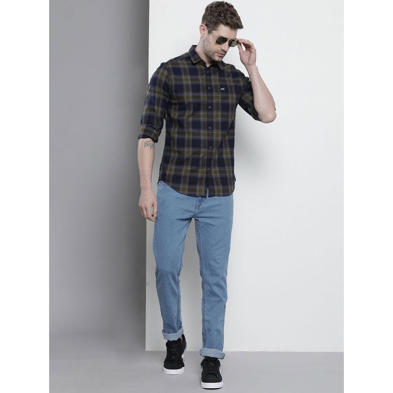 The Indian Garage Co Men Slim Fit Checkered Full Sleeves Spread Collar Casual Shirt - Navy Blue (L)