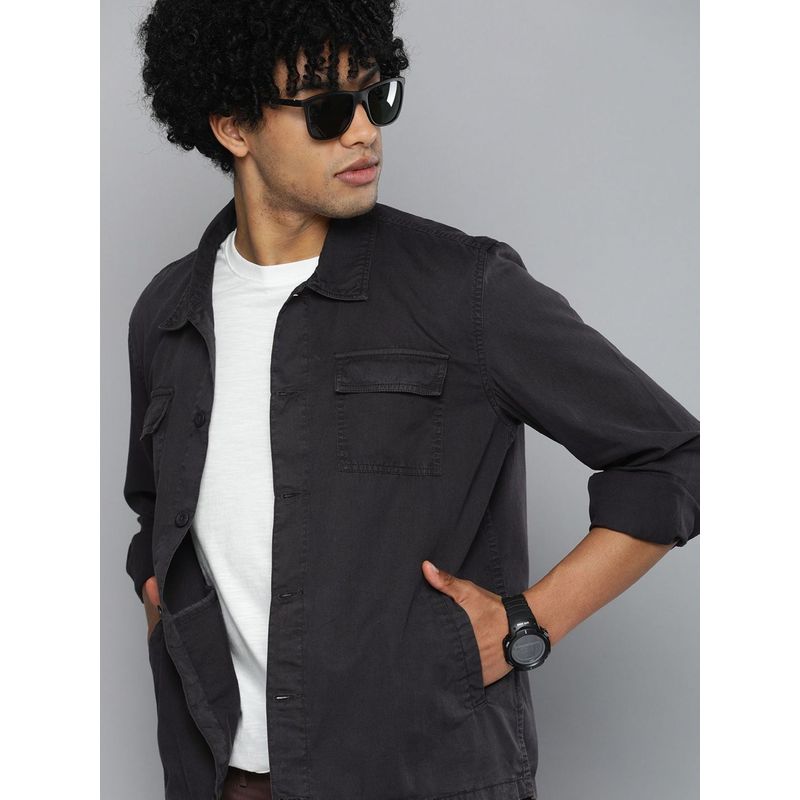 The Indian Garage Co Men Slim Fit Solid Full Sleeves Cutaway Collar Casual Over Shirt - Charcoal (XL)