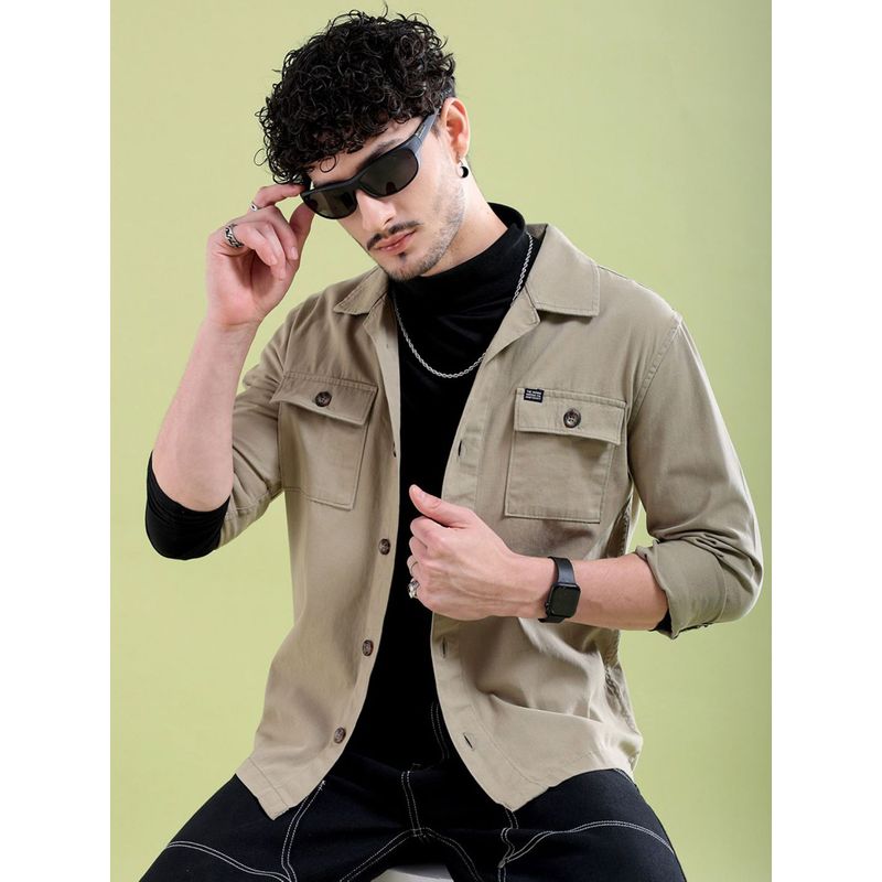 The Indian Garage Co Men Slim Fit Solid Full Sleeves Cutaway Collar Casual Over Shirt - Beige (M)