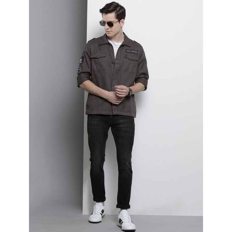 The Indian Garage Co Men Slim Fit Solid Full Sleeves Cutaway Collar Casual Over Shirt - Grey (L)