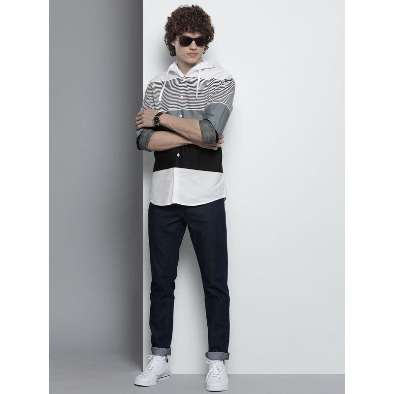 The Indian Garage Co Men Slim Fit Striped Full Sleeves Spread Hoodie Casual Shirt - White (M)