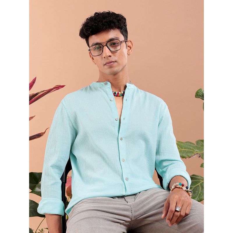 The Indian Garage Co Men Slim Fit Solid Full Sleeves Mandarin Collar Resort Wear Shirt - Blue (2XL)
