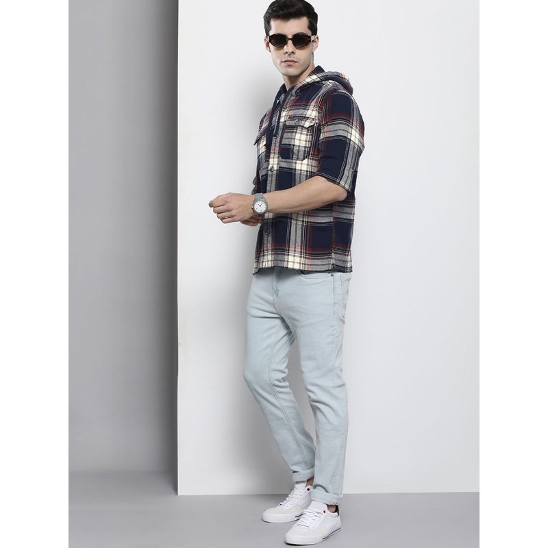 The Indian Garage Co Men Regular Fit Checkered Full Sleeves Hooded Casual Over Shirt - Navy Blue (L)