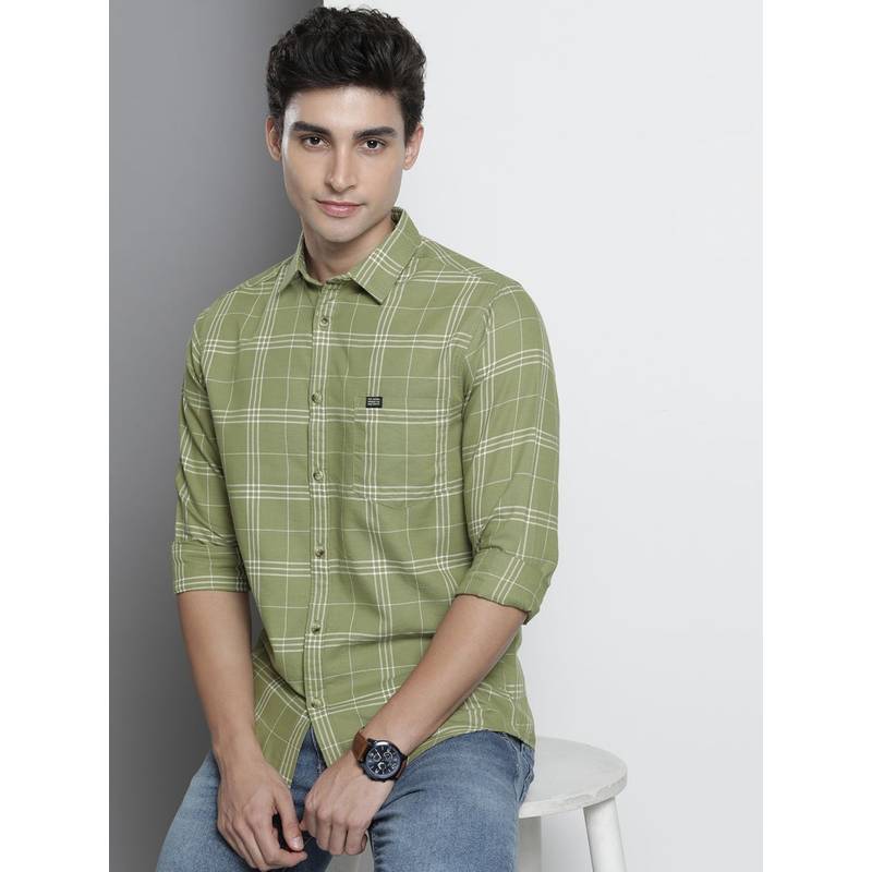 The Indian Garage Co Men Slim Fit Checkered Full Sleeves Spread Collar Casual Shirt - Green (L)