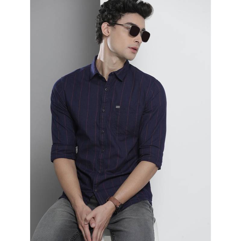 The Indian Garage Co Men Slim Fit Stripes Full Sleeves Spread Collar Casual Shirt - Navy Blue (L)
