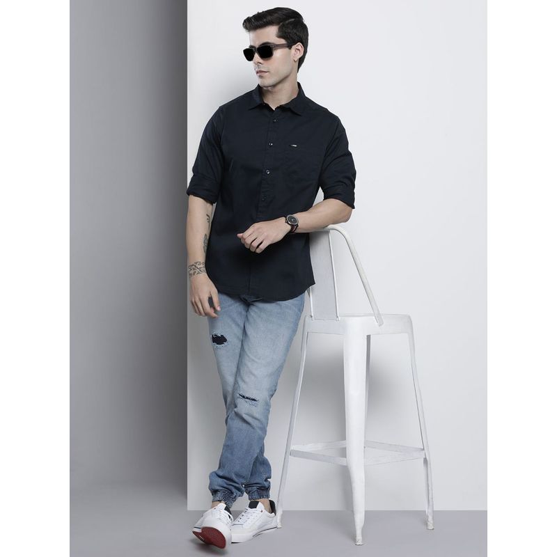 The Indian Garage Co Men Slim Fit Solid Full Sleeves Spread Collar Casual Shirt - Navy Blue (M)