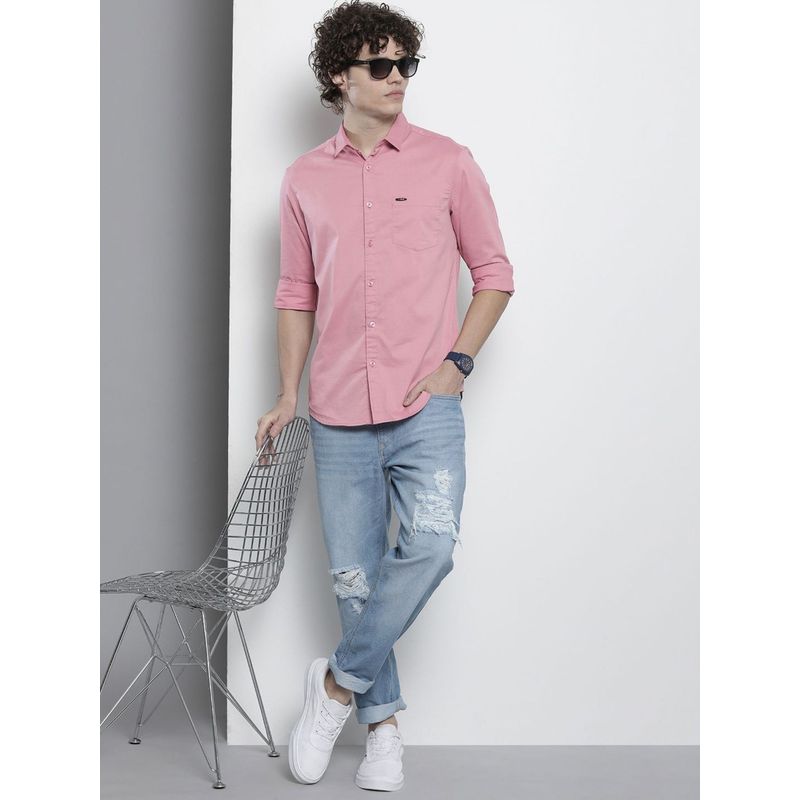 The Indian Garage Co Men Slim Fit Solid Full Sleeves Spread Collar Casual Shirt - Pink (XL)